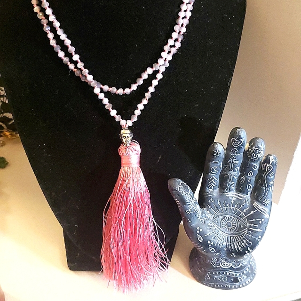 Beautiful Grey Quartz Prayer Beads Hand knotted on Pink Thread w/ Pink  Tassel